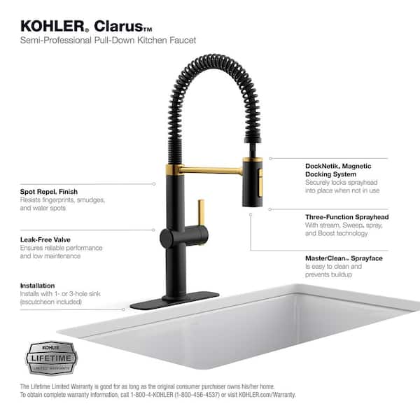 KOHLER Clarus Semi-Professional Single Handle Pull Down Sprayer Kitchen Faucet in Matte Black with Moderne Brass