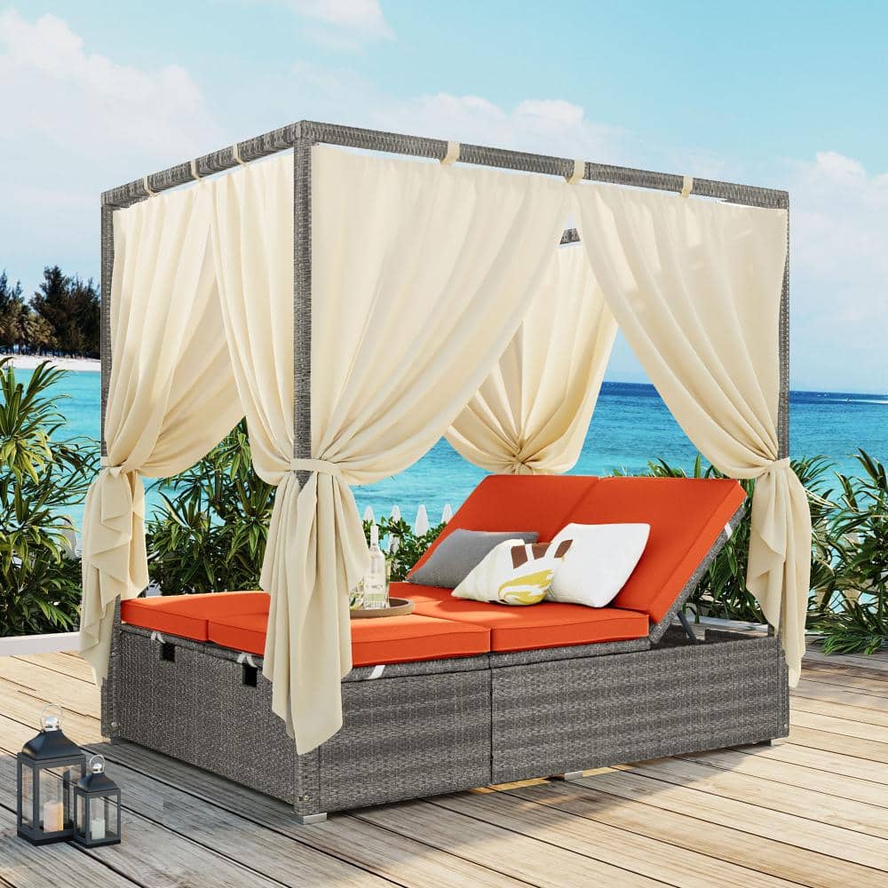 Orange Wicker Outdoor Day Bed with Cushions, Beige Curtain and Adjustable Backrest price history on PriceWatchPro