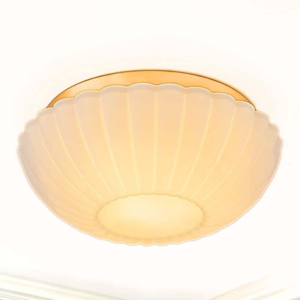 13.78 in. Modern Bowl Brushed Brass 2-Light Flush Mount with Pleated Flower Glass Shade for Bedroom Foyer Kitchen price history on PriceWatchPro