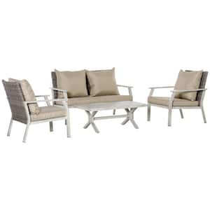 4-Piece Patio Wicker Sofa Set, Outdoor PE Rattan Aluminum Frame Conservatory Furniture, Coffee Table with Beige Cushions