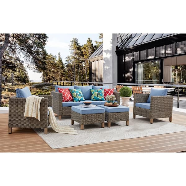 Summax 5-Piece Wicker Patio Conversation Set with Blue Cushions