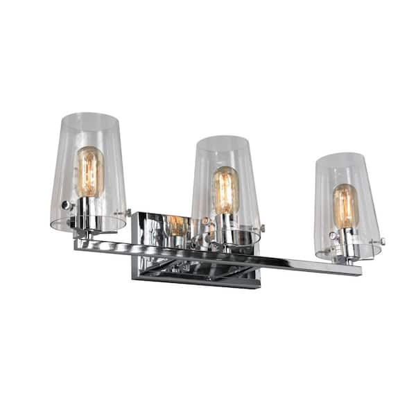 Home Decorators Collection Creek Crossing 24 in. 3-Light Chrome Industrial Bathroom Vanity Light with Clear Glass Shades