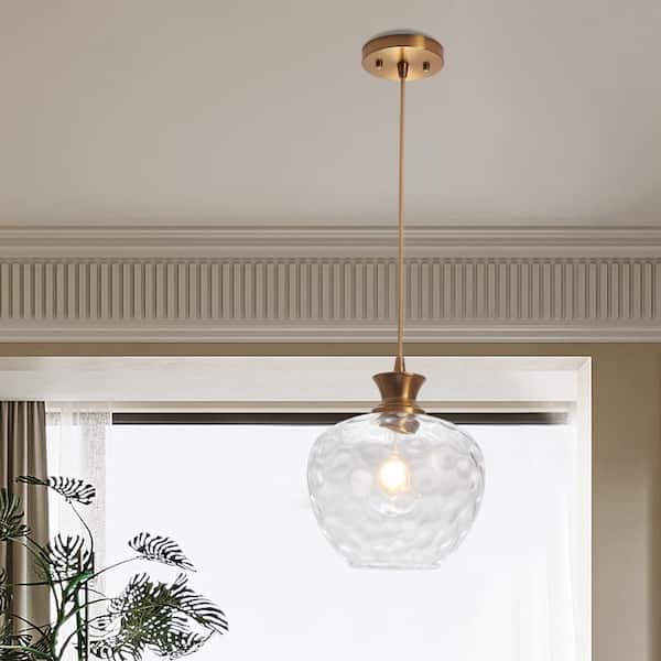 ZJVAIVE 1-Light Brass Adjustable Hanging Pendant Light with Water Ripple Class Shaded for Living Room, No Bulbs Included