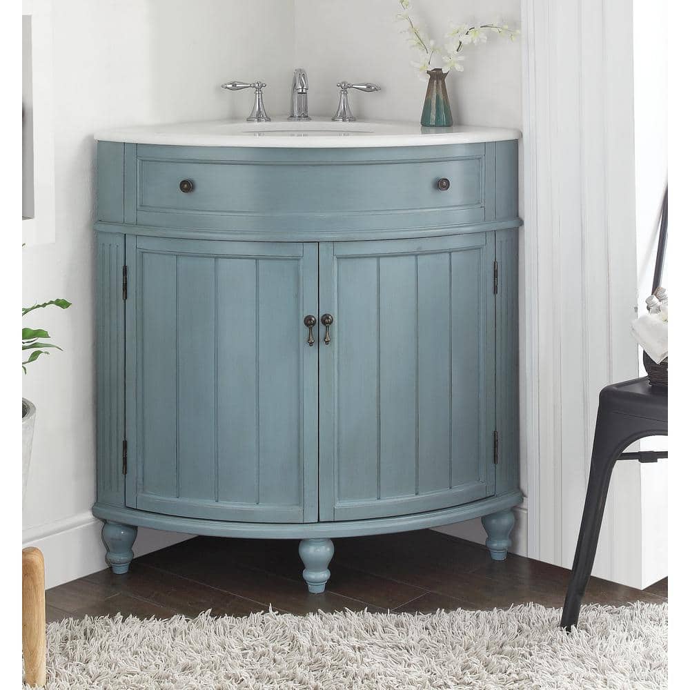 24" Light Blue Wood Corner Bathroom Vanity with White Marble Top
