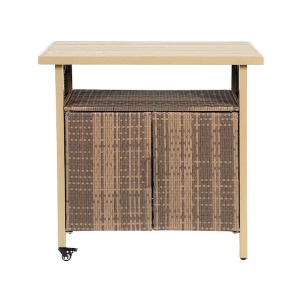 Beige Wicker Outdoor Bar with Glass Top and Lockable Wheels