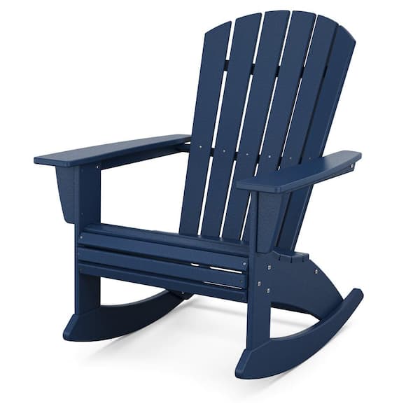 POLYWOOD Nautical Curveback Navy HDPE Plastic Adirondack Outdoor Rocking Chair