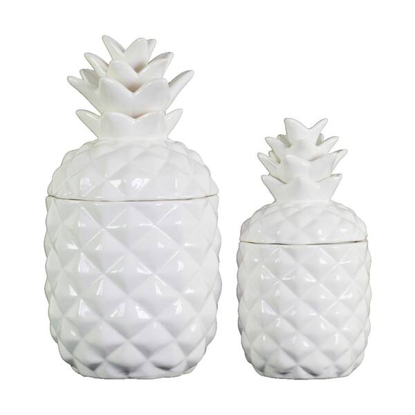 Benjara 108 oz. White Ceramic Pineapple Canister with Glossy Finish (Set of 2)