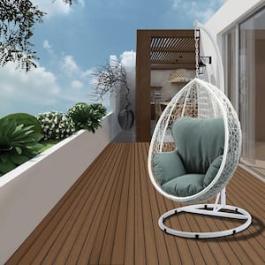 38 in. 1-Person White Wicker Patio Swing with Green Cushion