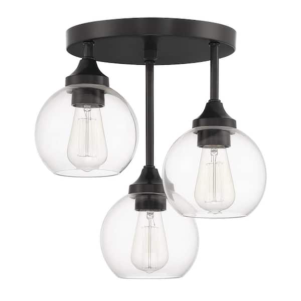 CRAFTMADE Glenda 14.25 in. 3-Light Flat Black Finish Traditional Semi Flush Mount Ceiling Light w/ Clear Glass, No Bulbs Included