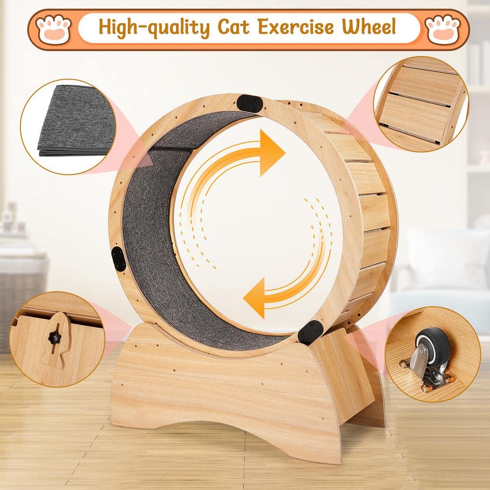 Natural Wood and Carpeted Cat Exercise Wheel with Detachable Blanket