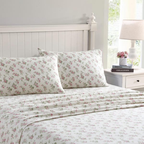 Laura Ashley Audrey 4-Piece Pink Floral Flannel Queen Sheet Set