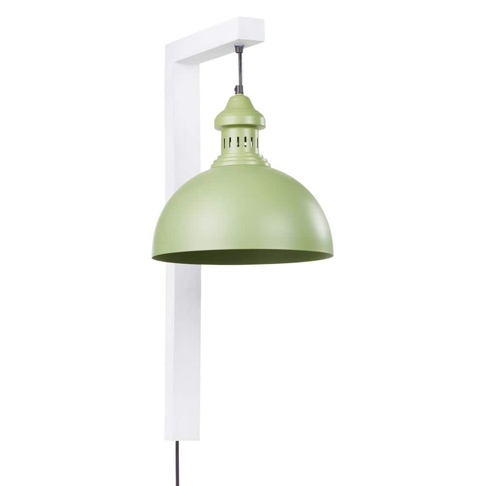 Green and White Industrial Plug-In Wall Sconce with Metal Dome Shade