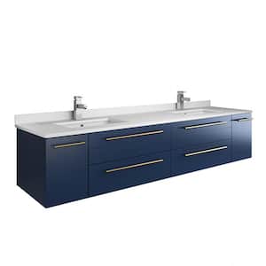 Lucera 72 in. W Wall Hung Bath Vanity in Royal Blue with Quartz Stone Double Sink Vanity Top in White with White Basin