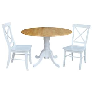 3 Piece 42 in. White and Natural Dual Drop Leaf Solid Wood Table with 2 Side chairs