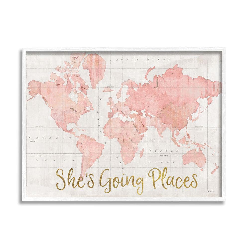 Stupell Industries She's Going places Quote Pink Watercolor World Map White Framed Art Print Wall Art, 11x14, by Sue Schlabach