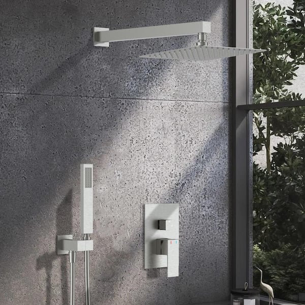 FORCLOVER Single Handle 1-Spray Rain Shower Faucet 1.8 GPM with 12 in. Square Waterfall Shower Head in Brushed Nickel