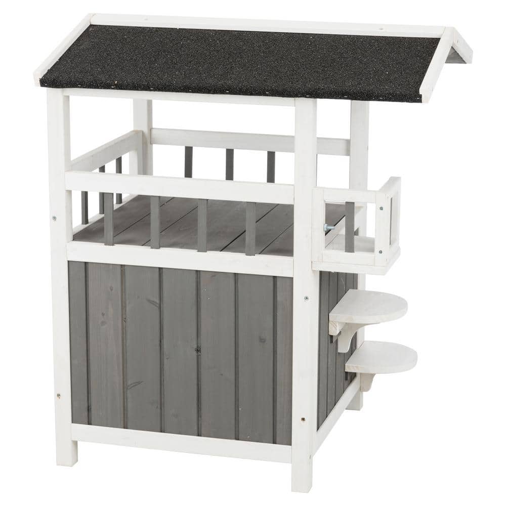 Gray and White Fir Wood Outdoor Cat House with Balcony