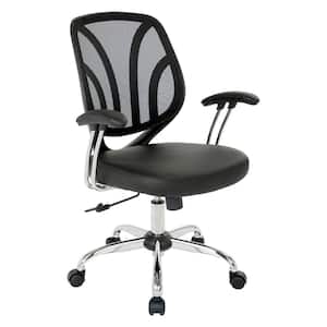 Black Faux Leather Screen Back Chair with Chrome Padded Arms and Dual Wheel Carpet Casters