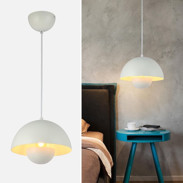 9 in. 1-Light Dome Pendant Light for Kitchen Island with White Metal Shade, Industrial Adjustable Height Chandelier