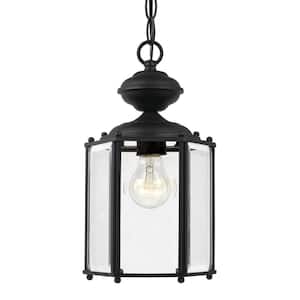 Classico 1-Light Black Outdoor Semi-Flushmount Convertible Pendant with Clear Beveled Glass
