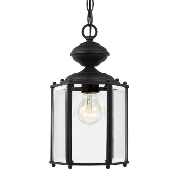Generation Lighting Classico 1-Light Black Outdoor Semi-Flushmount Convertible Pendant with Clear Beveled Glass