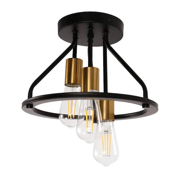 Briignite Industrial Cluster 12 In. 3-Light Matte Black and Gold Semi- Flush Mount Ceiling Lamp for Entryway Hallway