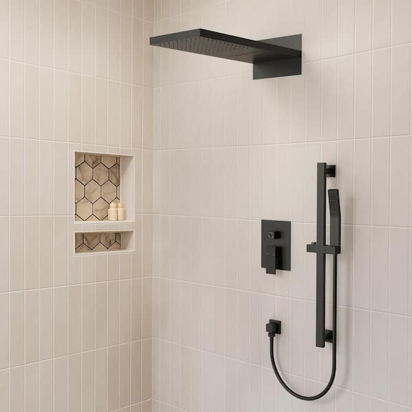 Thermostatic 8-Spray 12 and 6 in. Wall Mount Dual Shower Head Fixed and Handheld Shower Head in Matte Black, 2.5 GPM