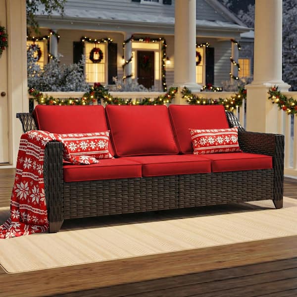 Wicker Outdoor Patio Sectional Sofa with Thick Baby Red Cushions