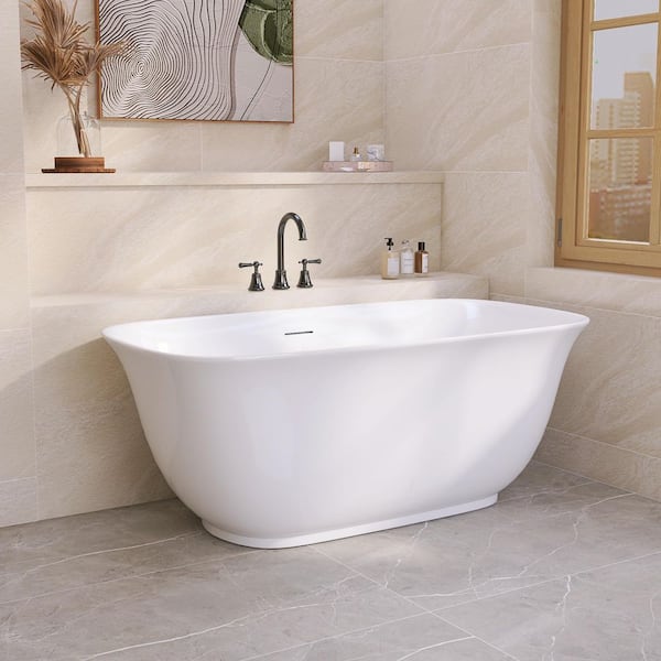 59 in. x 31.3 in. Acrylic Flatbottom Freestanding Soaking Bathtub in White