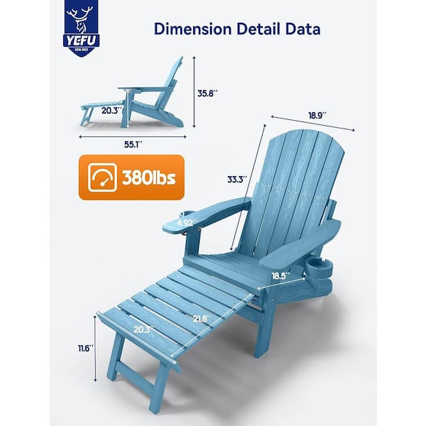 Blue Outdoor Folding Adirondack Chair with Integrated Pullout Ottoman and Cup Holder (4-Pack)