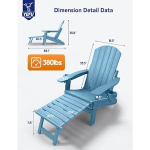 Blue Outdoor Folding Adirondack Chair with Integrated Pullout Ottoman and Cup Holder (2-Pack)