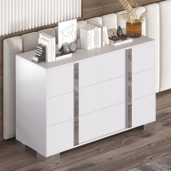 Polibi White 6-Drawers 47.20 in. W Storage Dresser with Metal Handle, Mirrored Storage Cabinet