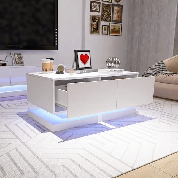 Zeus & Ruta High Glossy Coffee Table with 2-Drawers have RGB Led Light with Buletooth Control for Living Room