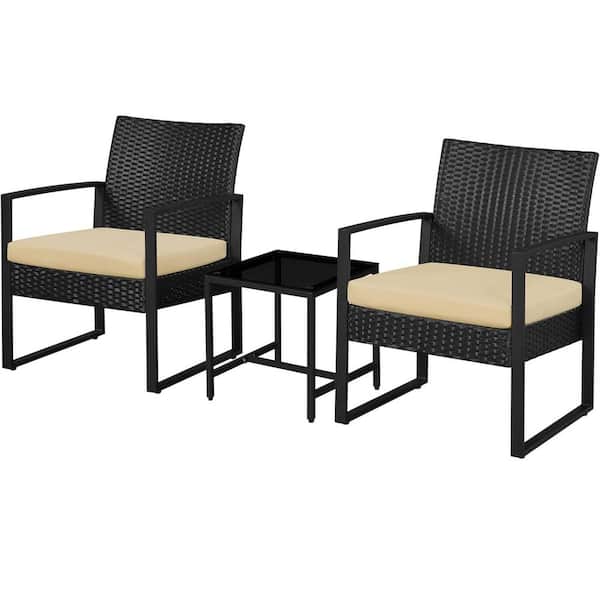 Unbranded Black 3-Piece Wicker Outdoor Bistro Set with Washed Khaki Cushion