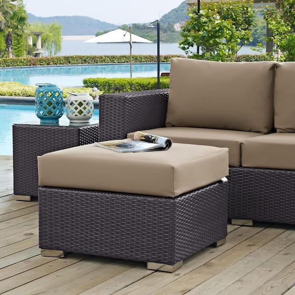 Convene Wicker Outdoor Patio Fabric Square Ottoman in Espresso with Mocha Cushion