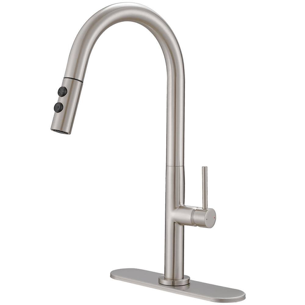 Single Handle Pull-Down Sprayer Kitchen Faucet with Deck Plate in Brushed N