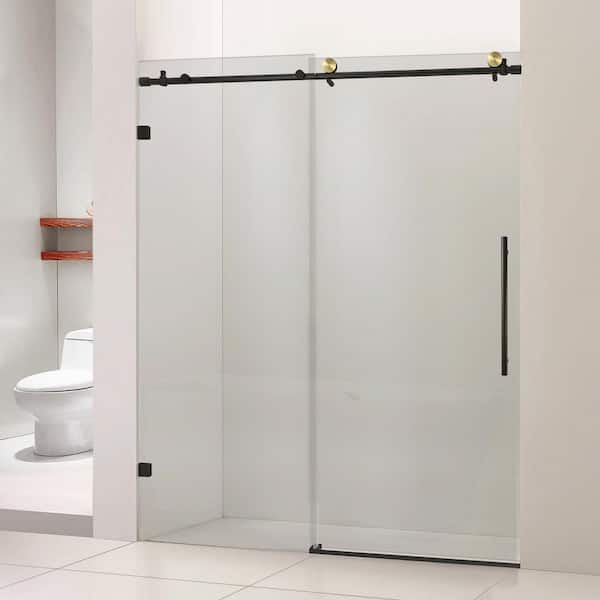 60 in. W x 74 in. H Freestanding Single Sliding Frameless Shower Enclosure in Matte Black Finish with Tempered Glass
