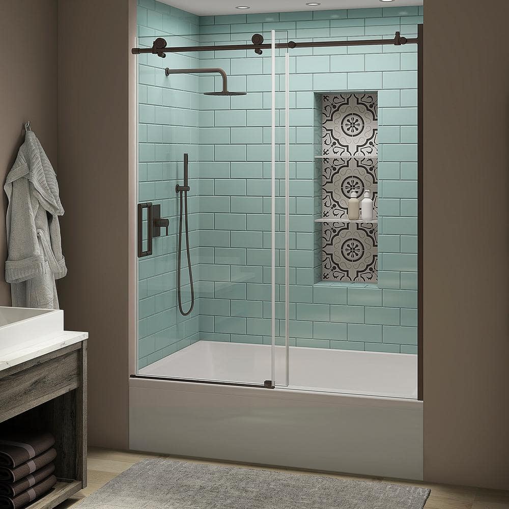 Coraline XL 56 - 60 in. x 70 in. Frameless Sliding Tub Door with StarCast Clear Glass in Bronze, Left Opening price history on PriceWatchPro