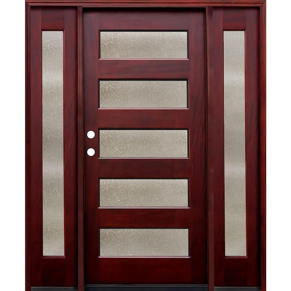 Pacific Entries 66 in. x 80 in. Contemporary 5 Lite Seedy Stained Mahogany wood Prehung Front Door with 12 in. Sidelites