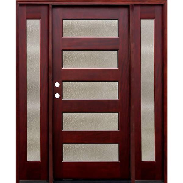 Pacific Entries 66 in. x 80 in. 5 Lite Seedy Stained Mahogany Wood Prehung Front Door w/ 6 in. Wall Series and 12 in. Sidelites