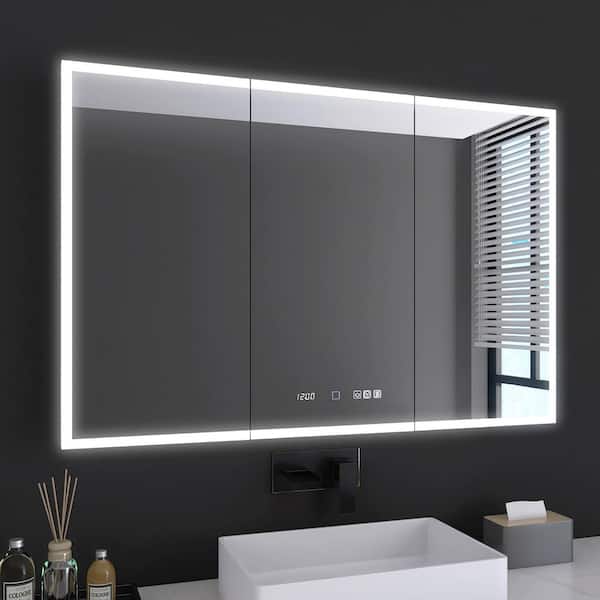 HHG 48 in. W x 32 in. H Rectangular Silver Aluminum Recessed/Surface Mount Medicine Cabinet with Mirror and LED