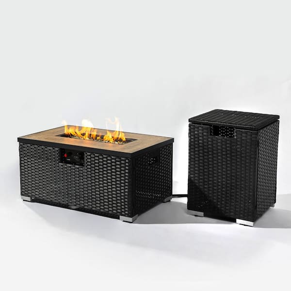 Tenleaf Dark Gray Wicker Fire Pit Table with Propane Tank Holder, Ceramic Tile Table Top