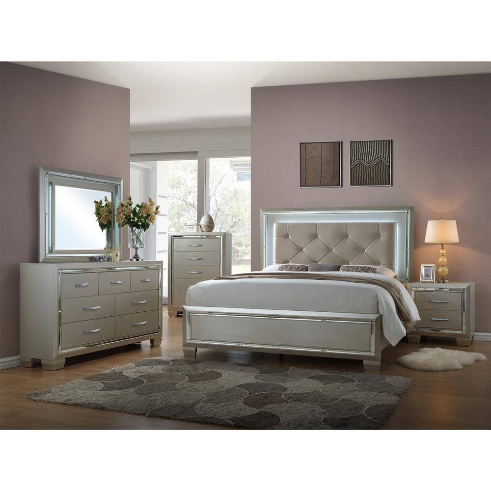 Champagne Double Dresser with Mirror and Crystal Handles