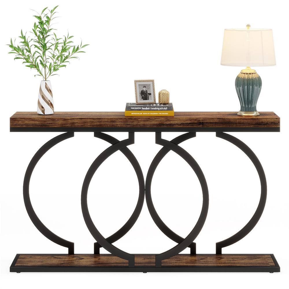 Turrella 55 in. Rustic Brown Rectangle Wood Console Table with Geometric Metal Frame, Modern Entryway Table Sofa Table