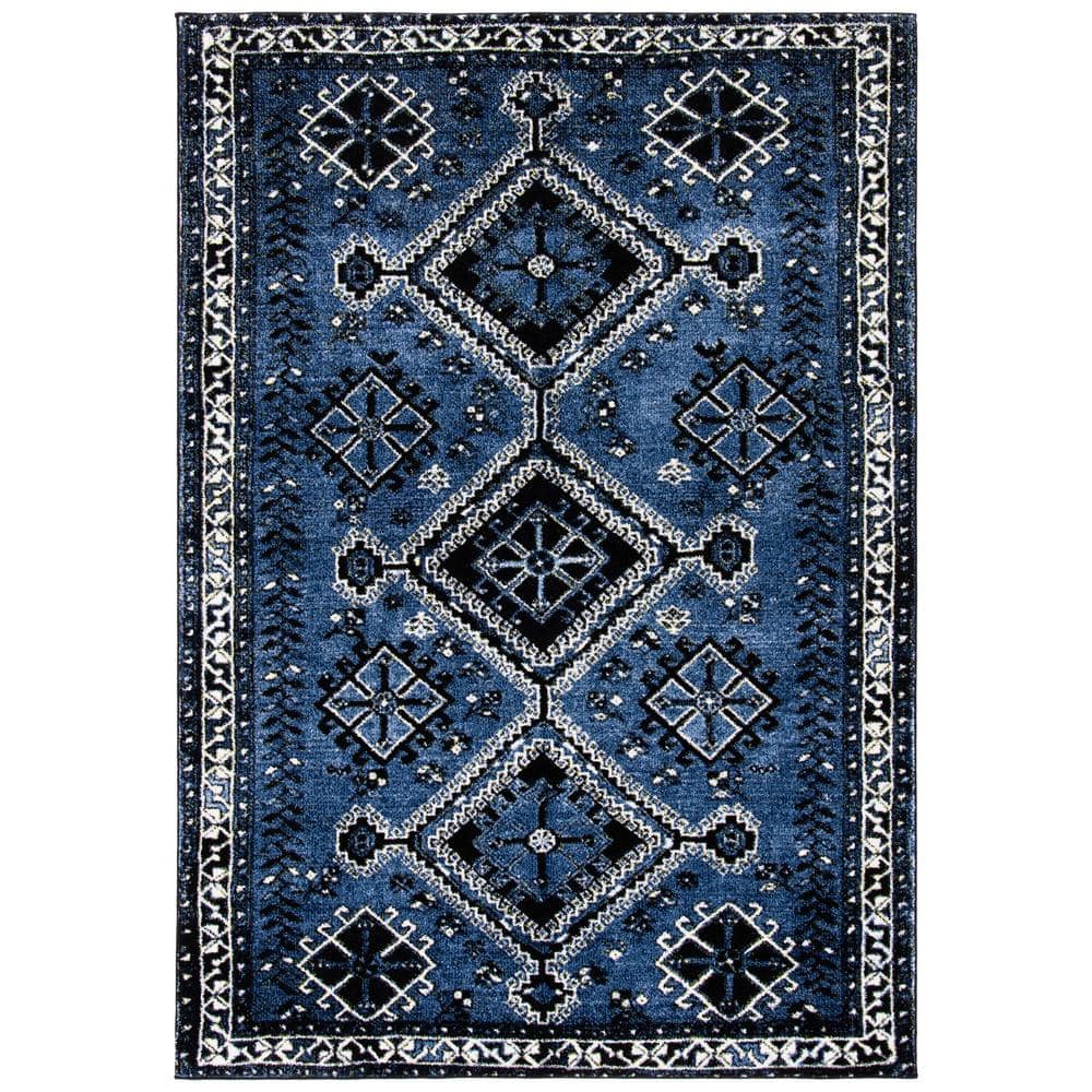 Blue and Black Rectangular Synthetic Vintage Area Rug