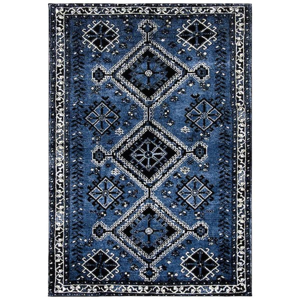 Vintage Hamadan Blue/Black 5 ft. x 8 ft. Border Geometric Area Rug
