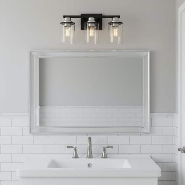 17 in. 3-Light Black and Nickel Vanity Light Over Mirror, Bathroom Wall Light with Clear Glass Shades for Bedroom