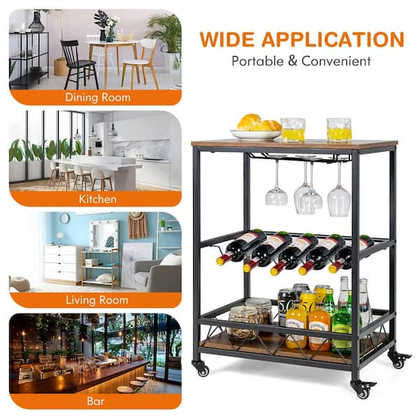 Litake Bar Cart, 3 Tier Bar Carts for The Home, Rustic Brown Bar Cart with  Wheels, Two Portable Trays, Wine Rack, Glasses Holder, Industrial Serving  Cart for Kichen, Living Room, Dining Room 