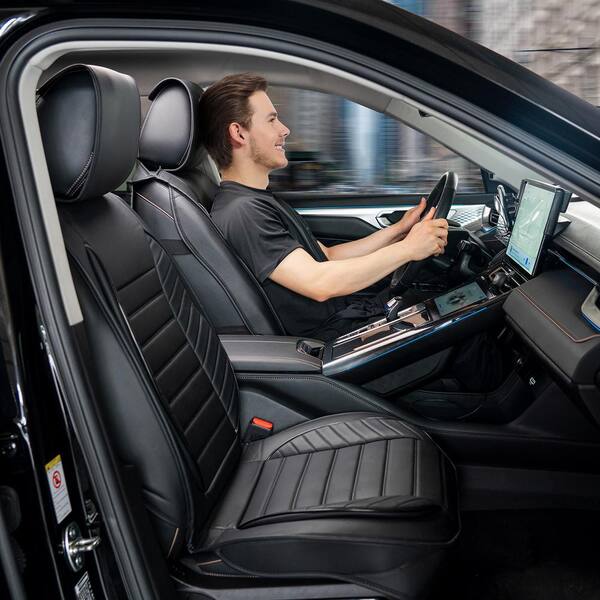 Faux Leather Car Seat Covers Front Set with Steering Wheel Cover, Solid Black