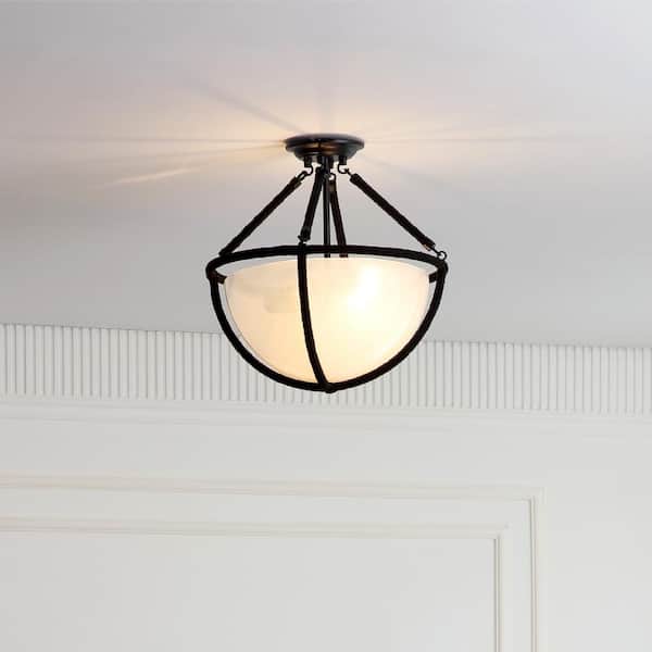 Voyager 16 in. W 2-Light Matte Black Flush Mount Ceiling Light with Rope Detailing-Modern Lamp with Smoked Glass Shade